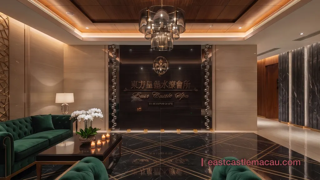 水療接待大堂，品牌牆與前台的燈光